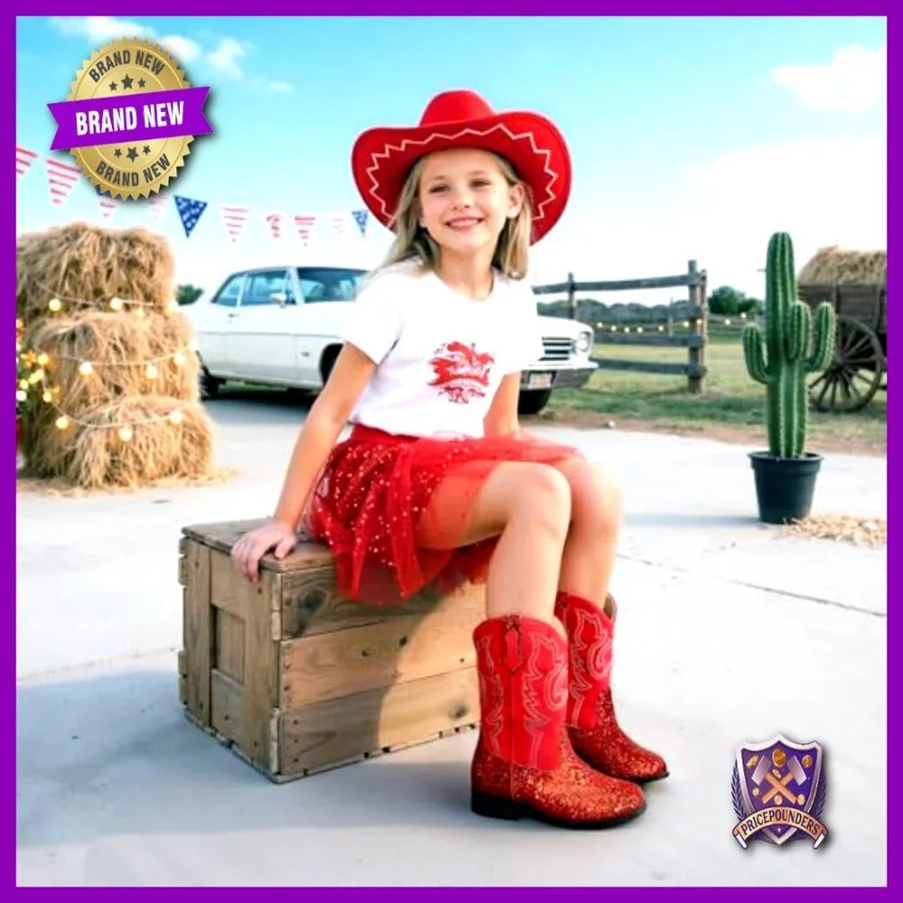 Glitter Cowgirl Boots Mid Calf Square Toe Non-Slip Toddler Western Riding Shoes